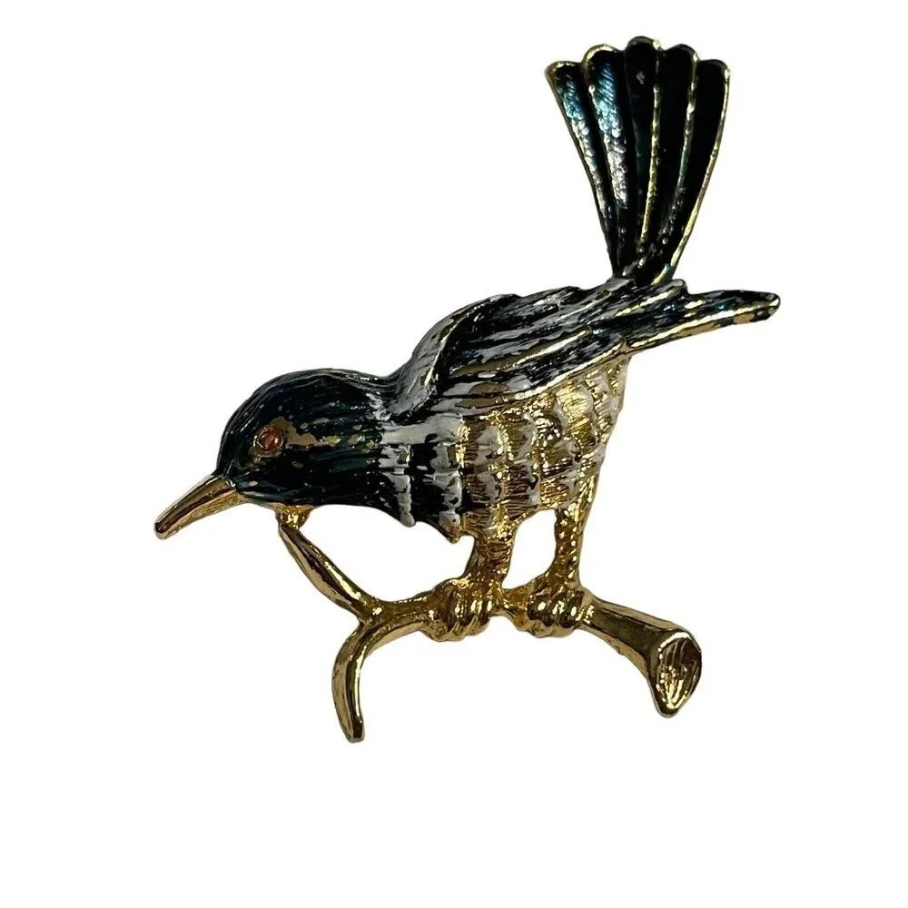 Gerry's Vintage Bird on Branch Brooch Pin‎ Gold Tone Enameled Blue White Read